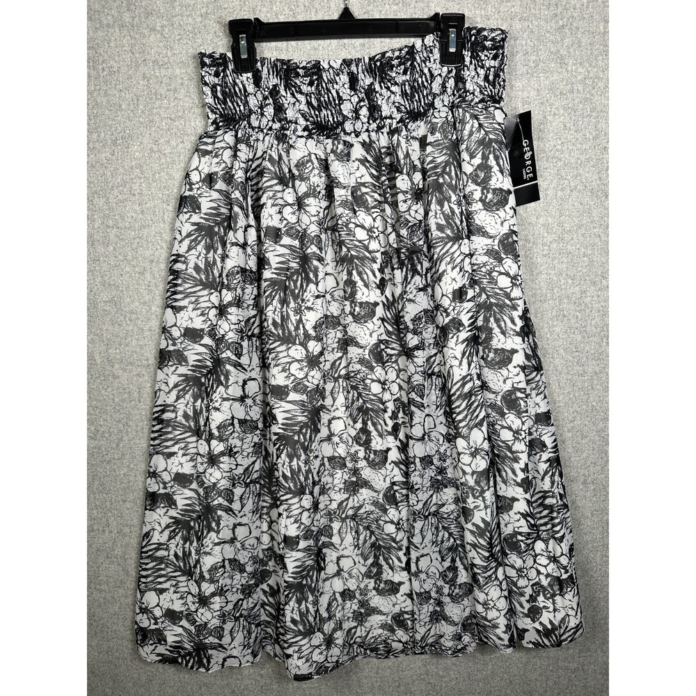 NWT George XL Womens Skirt Floral Black White Elastic Pull On Knee Length